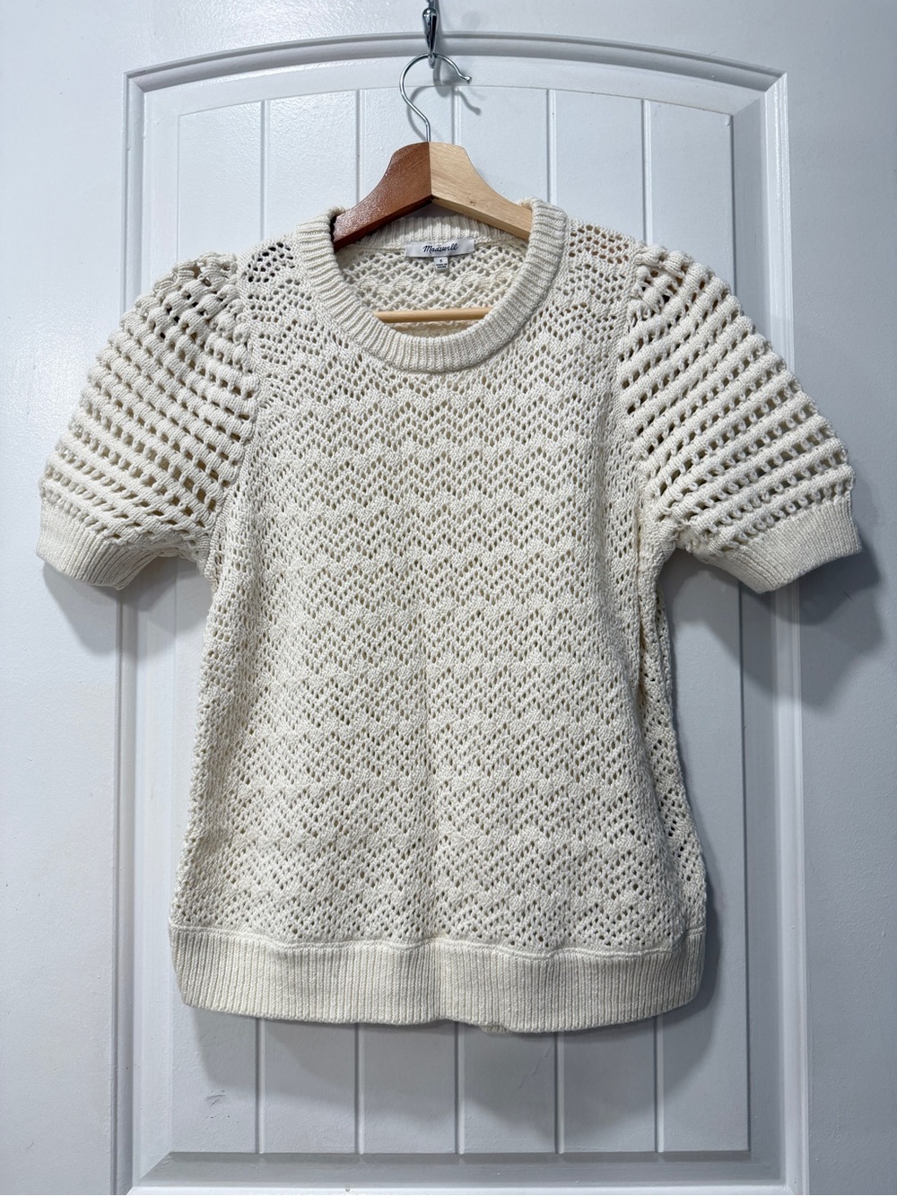 Madewell Cream Open-Knit Short Sleeve Crew Sweater